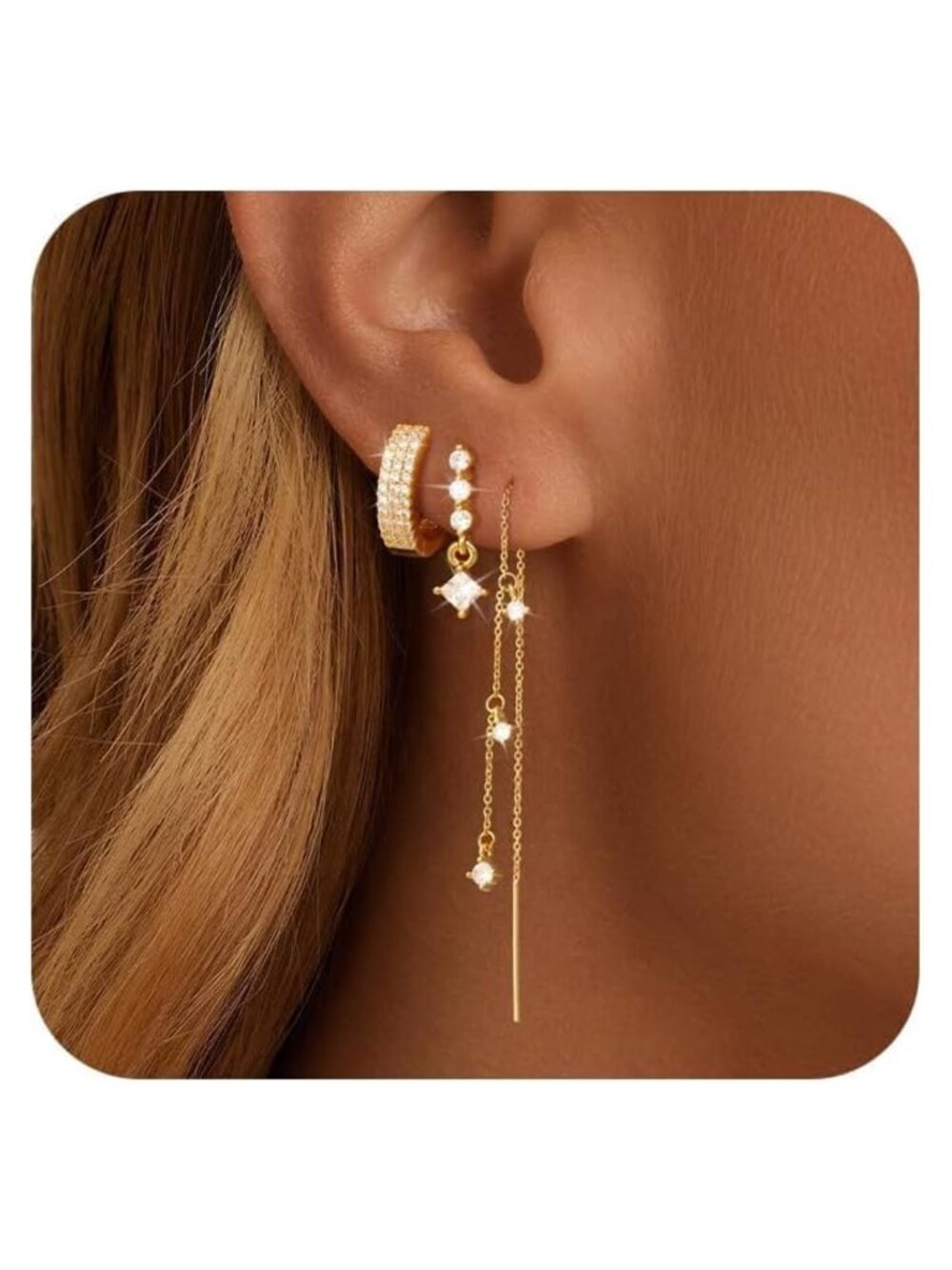 14K Gold Plated Threader Chain Earrings Women Lightweight Dangle Set
